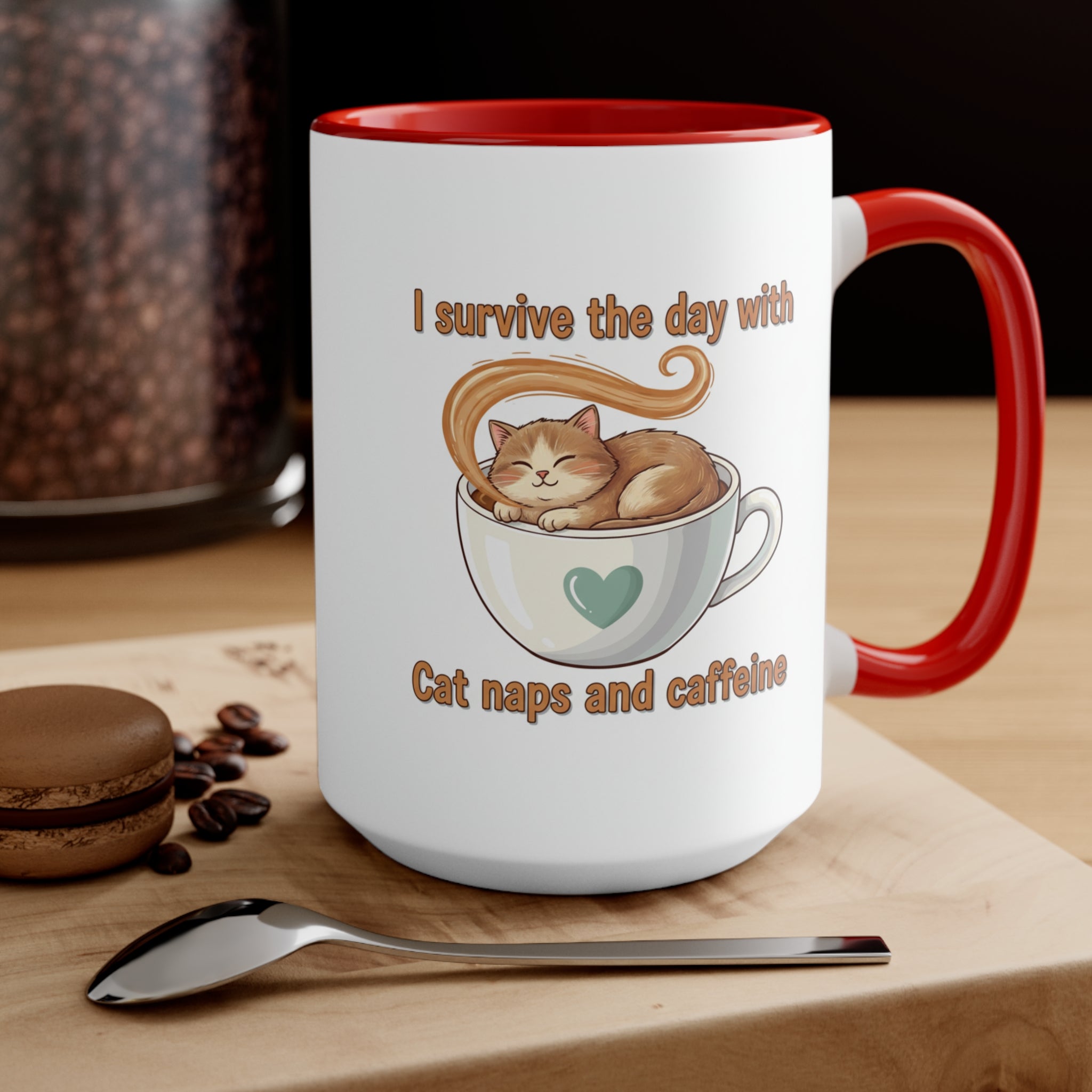 Cute Cat Coffee Accent Mug – "I Survived Cat Mom Life" Pink Interior