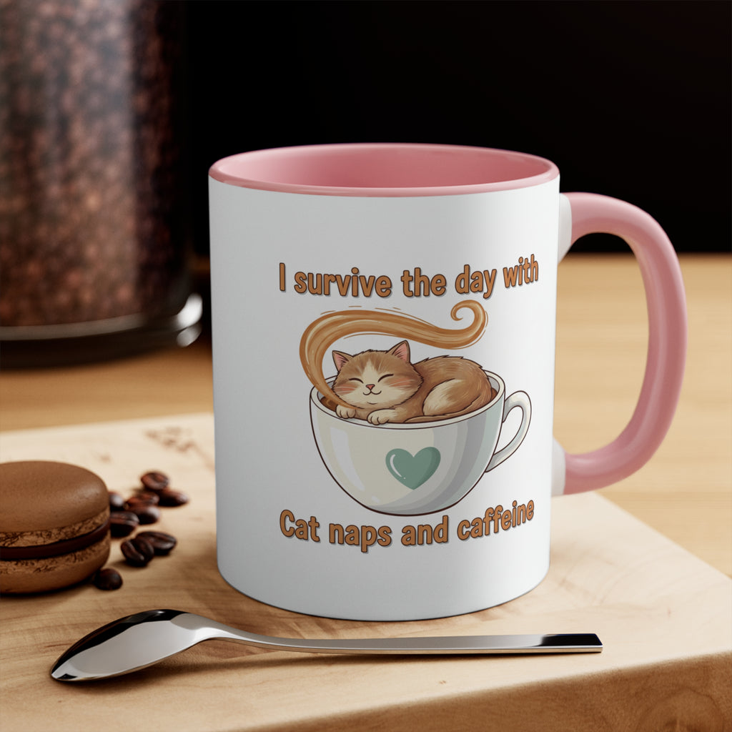 Cute Cat Coffee Accent Mug – "I Survived Cat Mom Life" Pink Interior