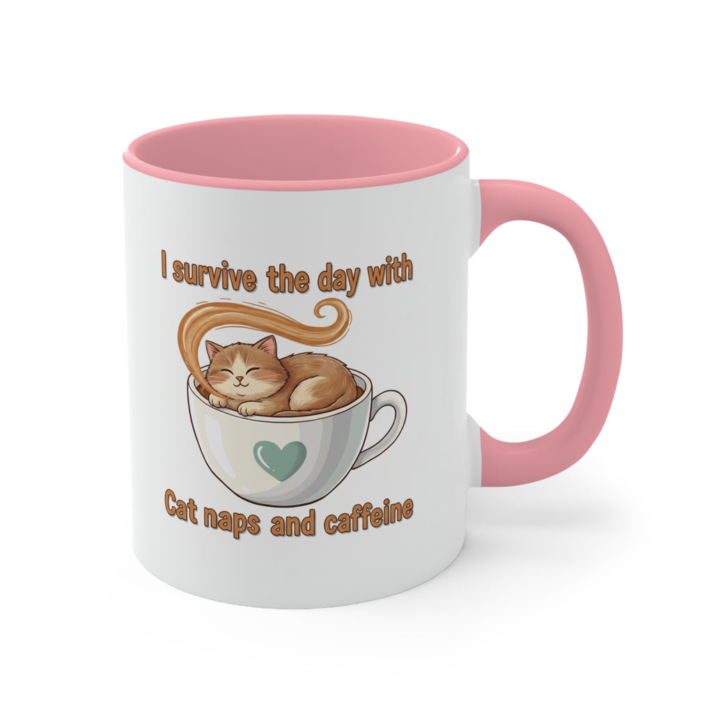 Cute Cat Coffee Accent Mug – "I Survived Cat Mom Life" Pink Interior