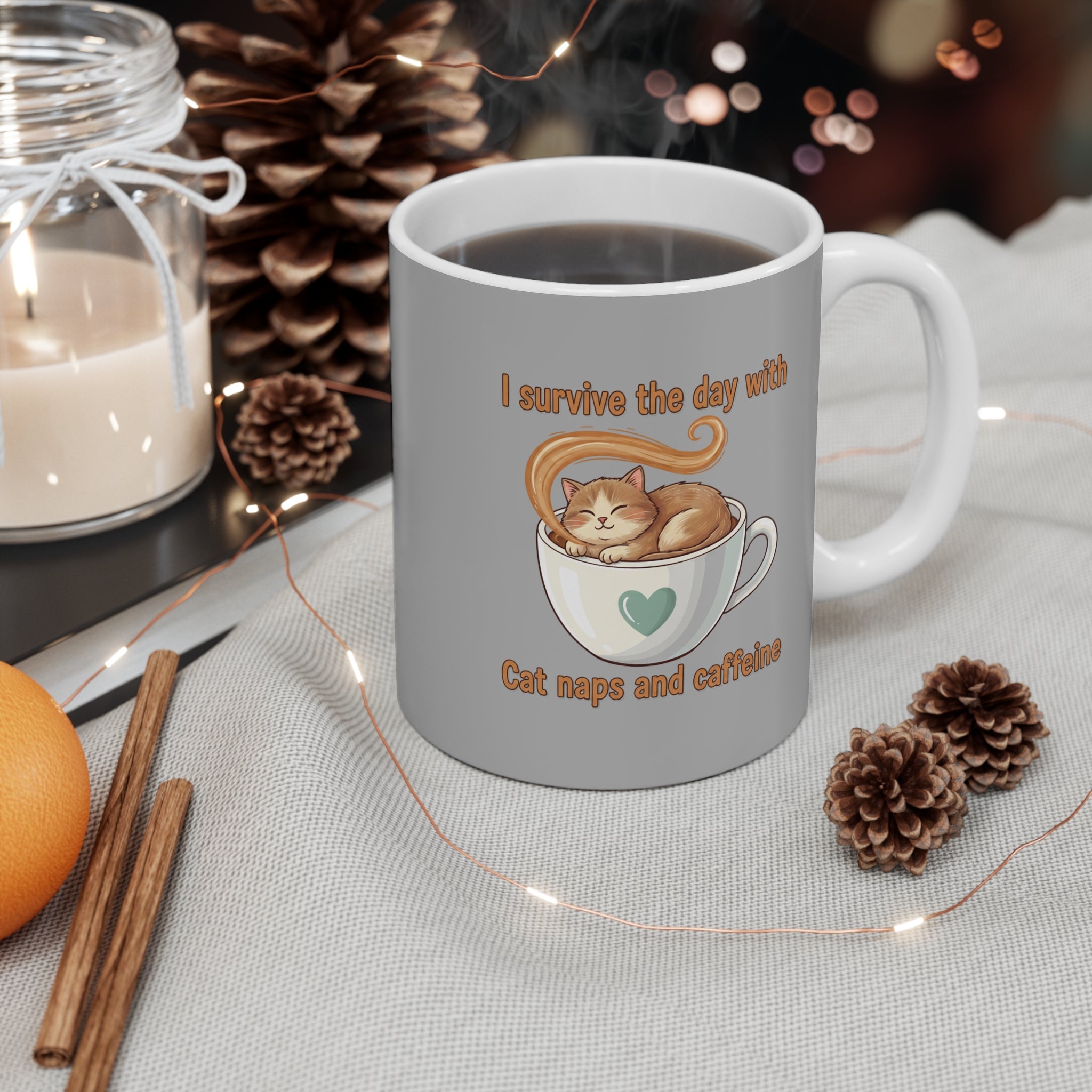 Coffee Cat Mug — "I Survive the Day With Cat Naps and Caffeine" 11oz
