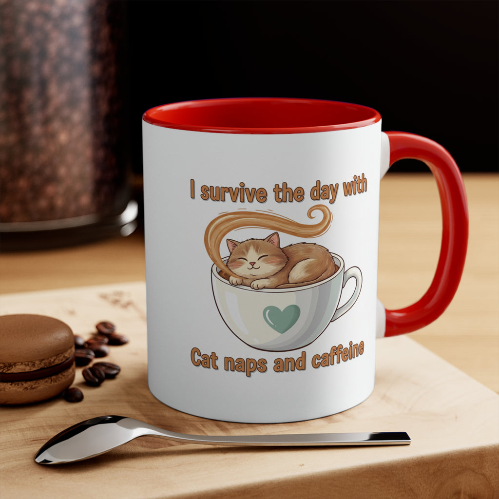 Cute Cat Coffee Accent Mug – "I Survived Cat Mom Life" Pink Interior