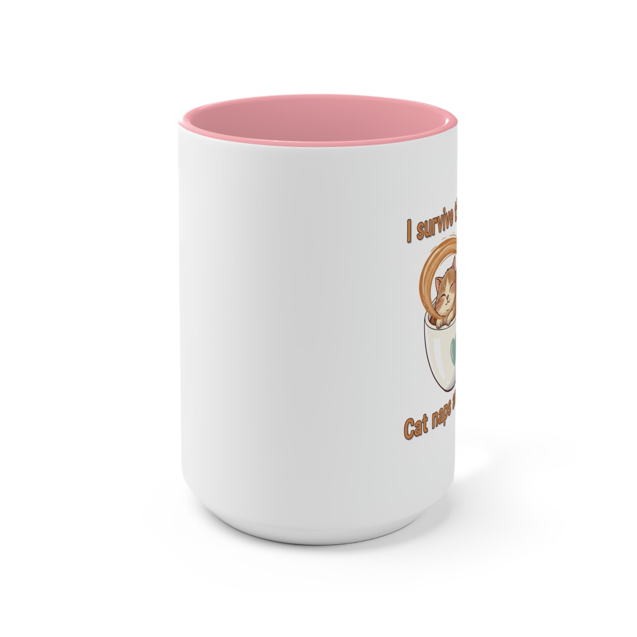 Cute Cat Coffee Accent Mug – "I Survived Cat Mom Life" Pink Interior
