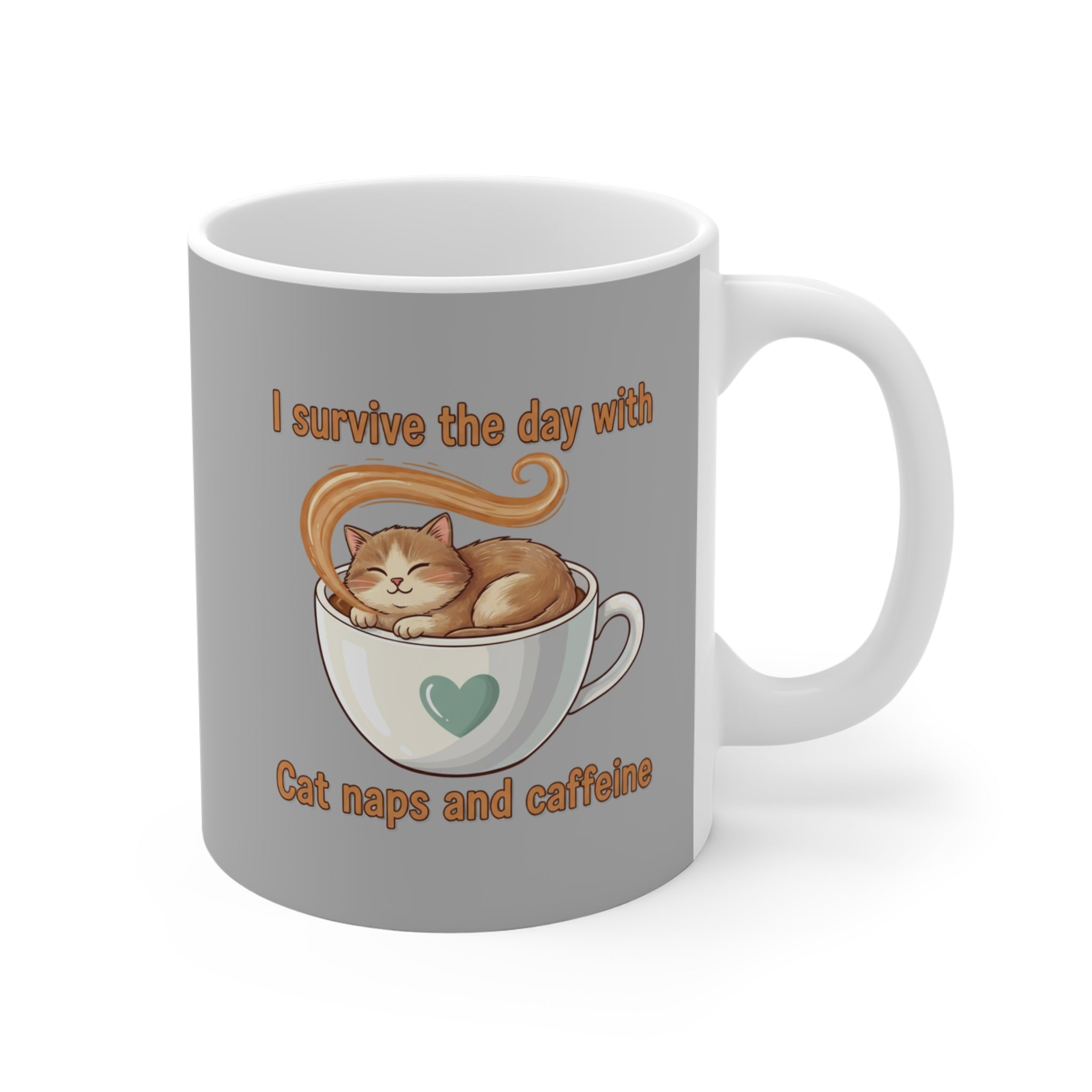 Coffee Cat Mug — "I Survive the Day With Cat Naps and Caffeine" 11oz