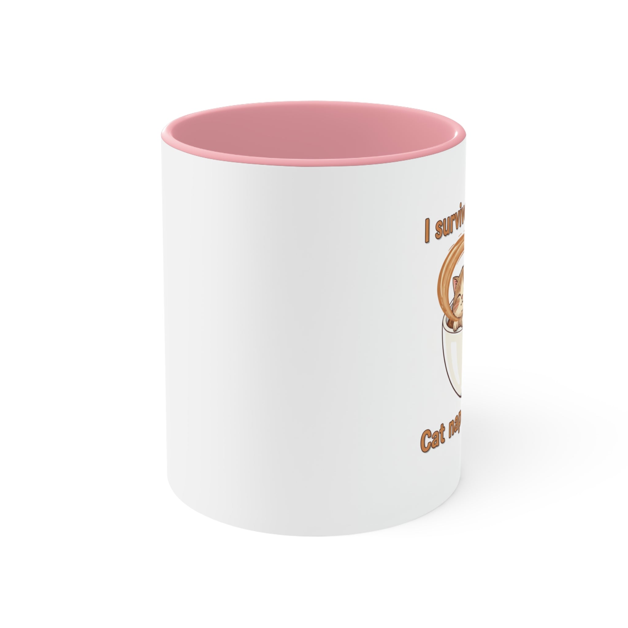 Cute Cat Coffee Accent Mug – "I Survived Cat Mom Life" Pink Interior
