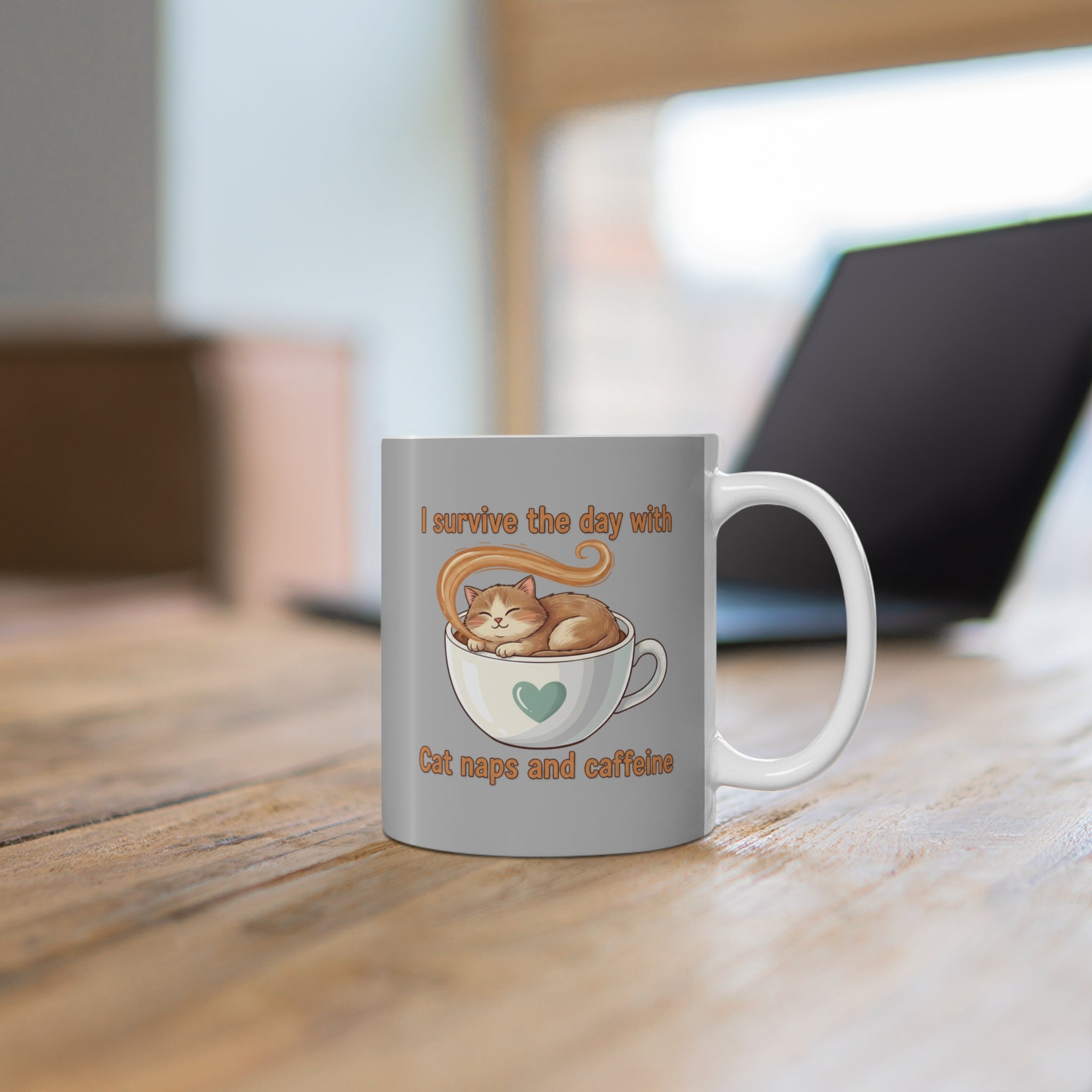 Coffee Cat Mug — "I Survive the Day With Cat Naps and Caffeine" 11oz