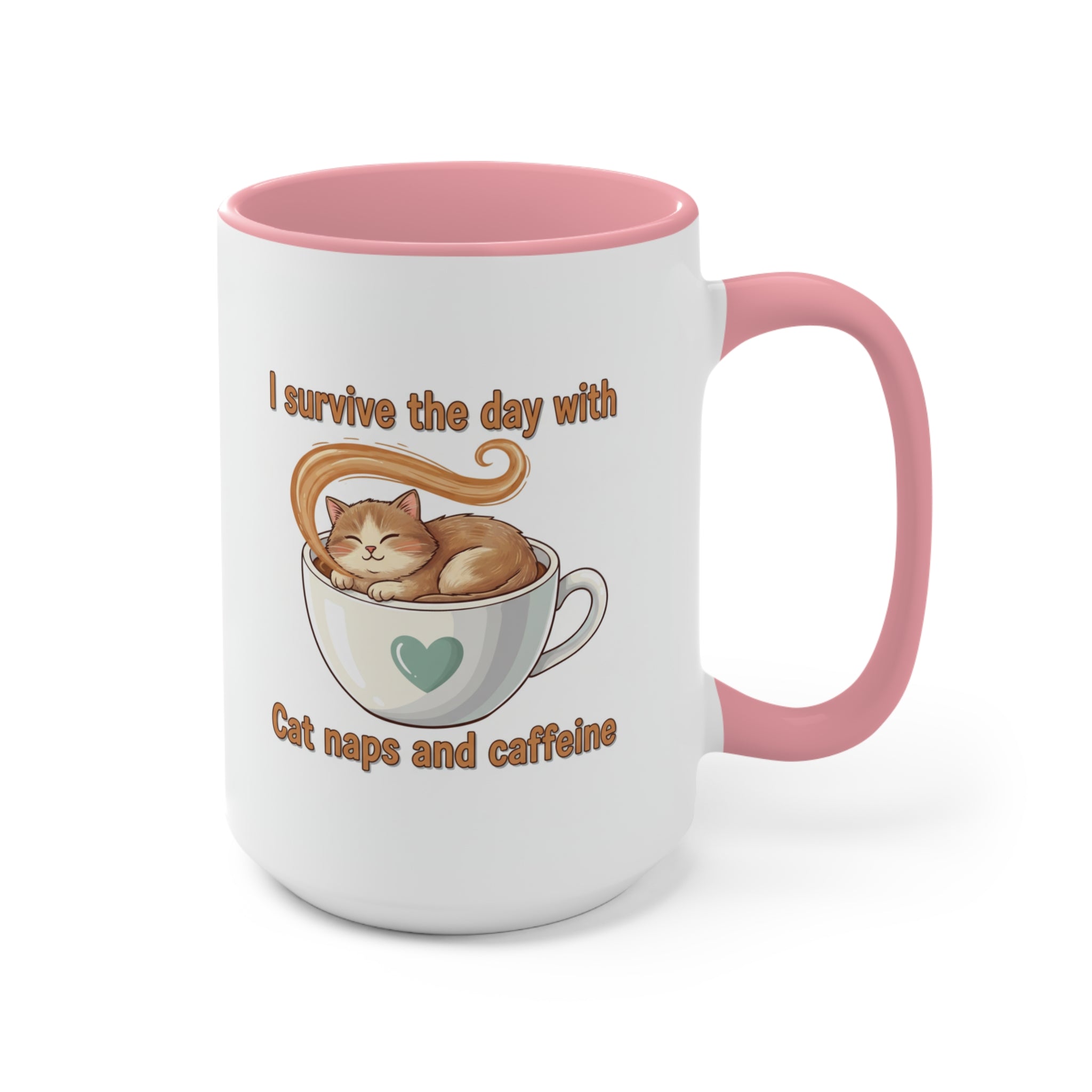 Cute Cat Coffee Accent Mug – "I Survived Cat Mom Life" Pink Interior