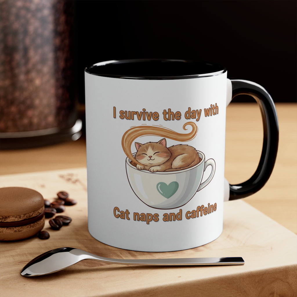 Cute Cat Coffee Accent Mug – "I Survived Cat Mom Life" Pink Interior