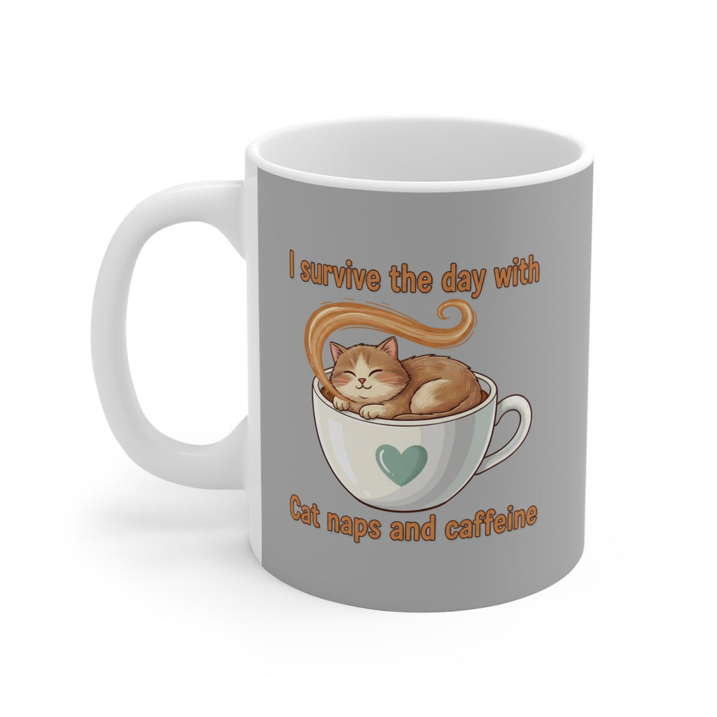 Coffee Cat Mug — "I Survive the Day With Cat Naps and Caffeine" 11oz