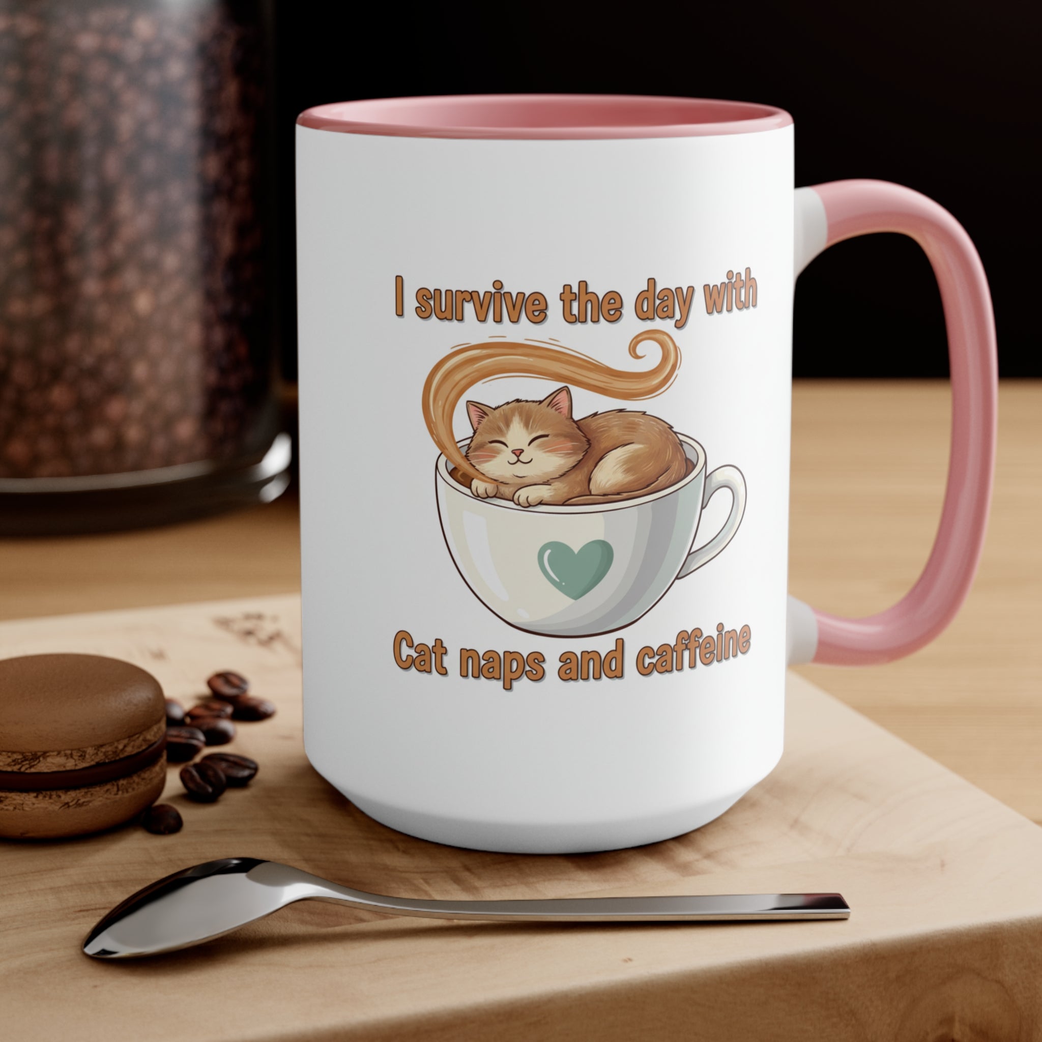 Cute Cat Coffee Accent Mug – "I Survived Cat Mom Life" Pink Interior