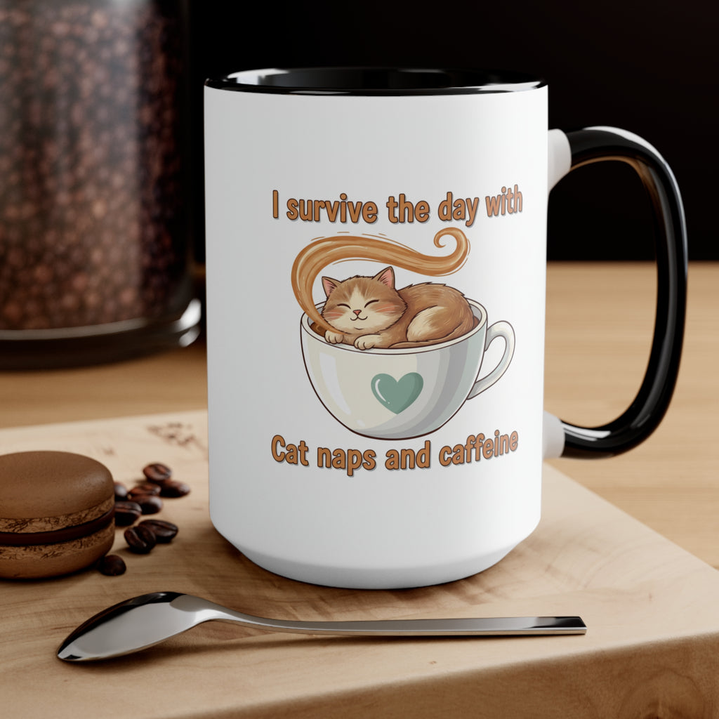 Cute Cat Coffee Accent Mug – "I Survived Cat Mom Life" Pink Interior